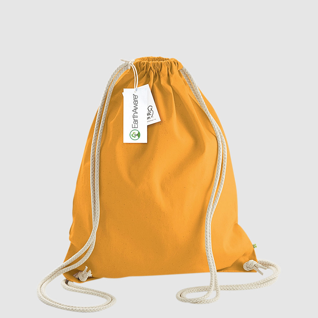 Custom black gymsac made with organic cotton canvas, drawstring handles