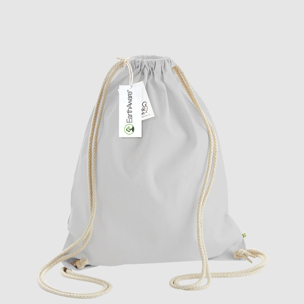 Custom black gymsac made with organic cotton canvas, drawstring handles