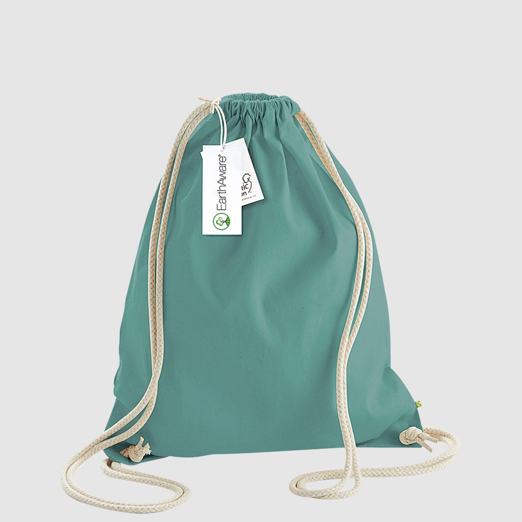 Custom black gymsac made with organic cotton canvas, drawstring handles