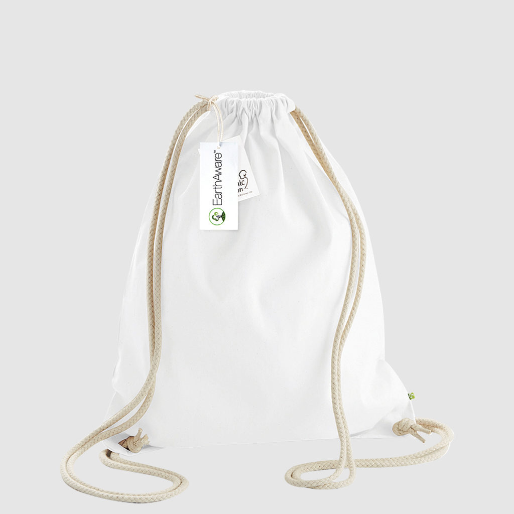 Custom black gymsac made with organic cotton canvas, drawstring handles