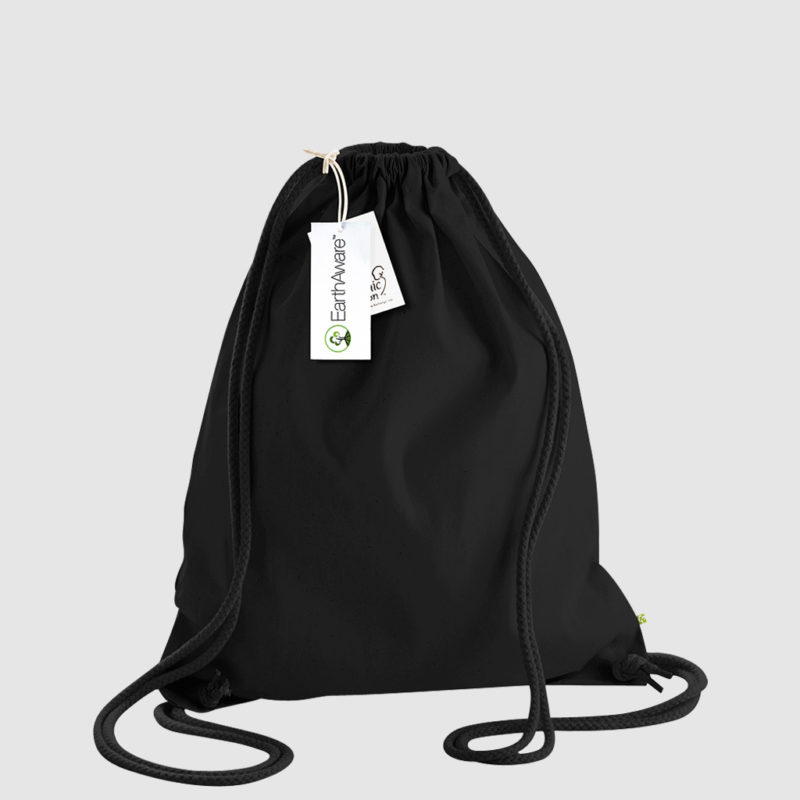 Custom black gymsac made with organic cotton canvas, drawstring handles