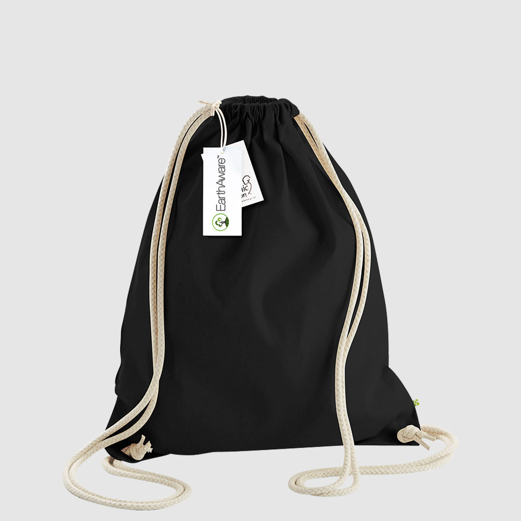 Custom black gymsac made with organic cotton canvas, drawstring handles