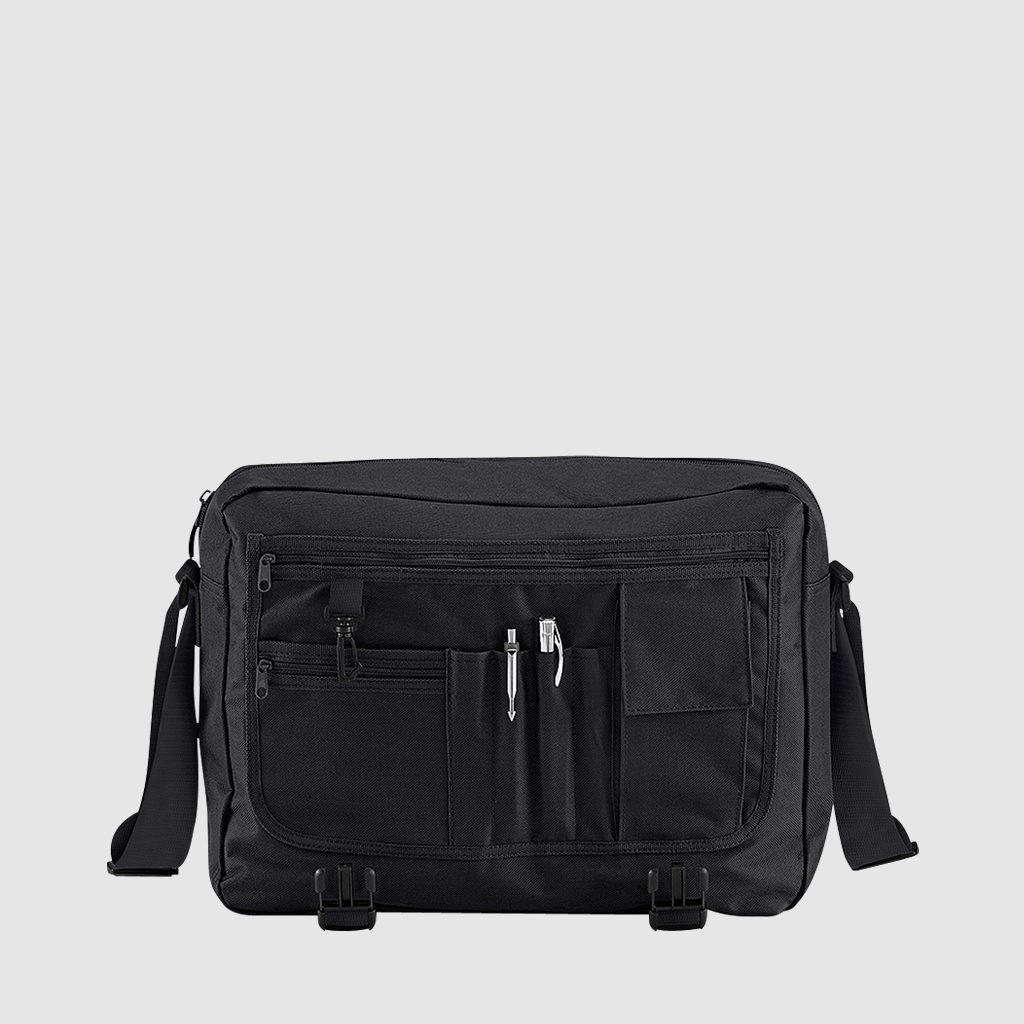 Custom messenger bag with long handles and front zip pockets