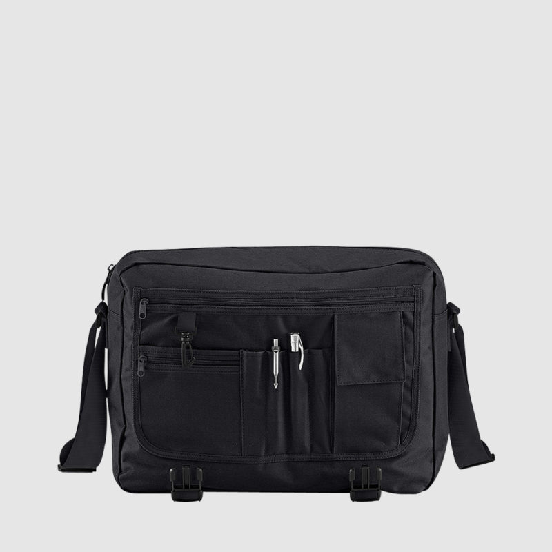 Custom messenger bag with long handles and front zip pockets