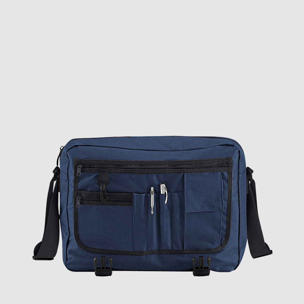 Custom messenger bag with long handles and front zip pockets