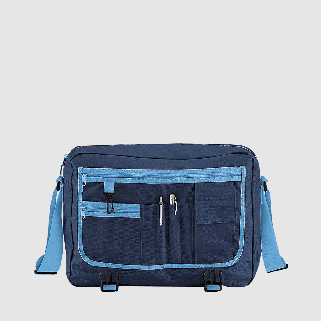 Custom messenger bag with long handles and front zip pockets
