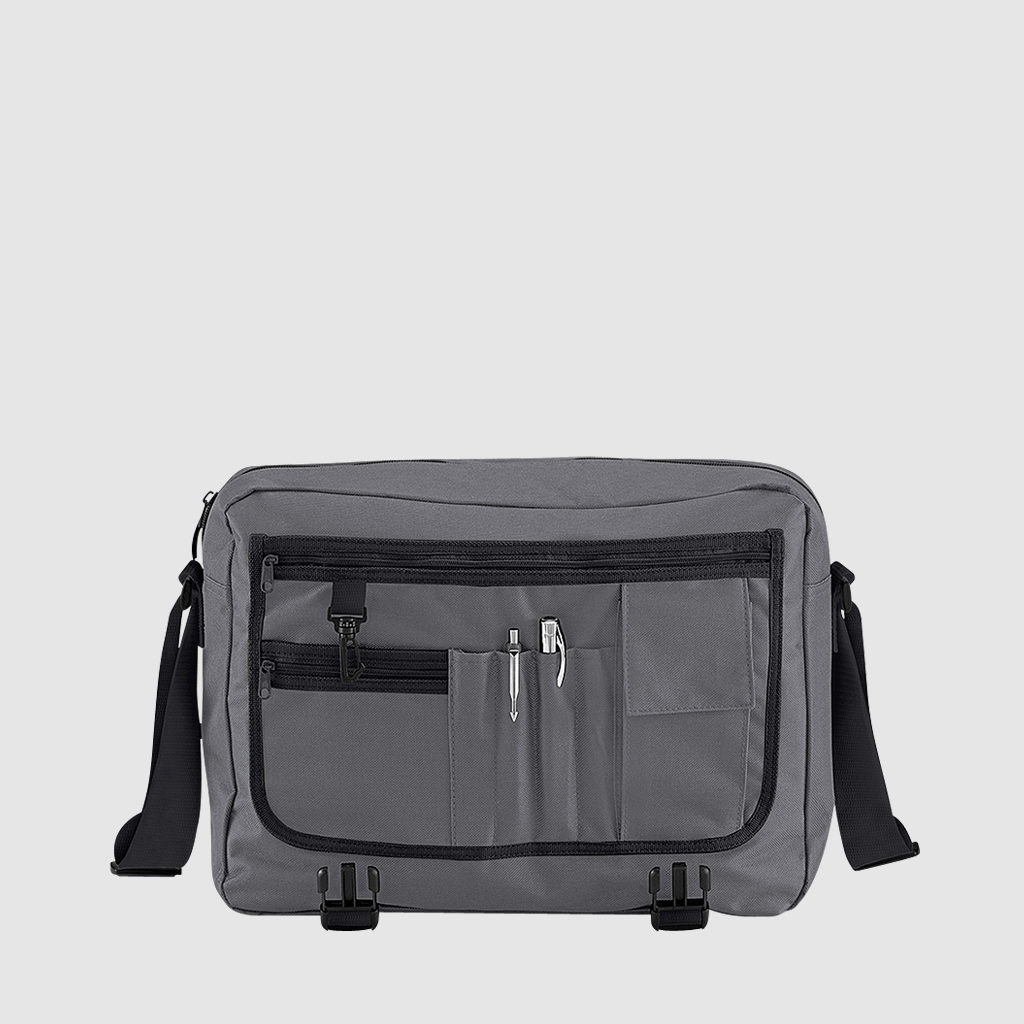 Custom messenger bag with long handles and front zip pockets