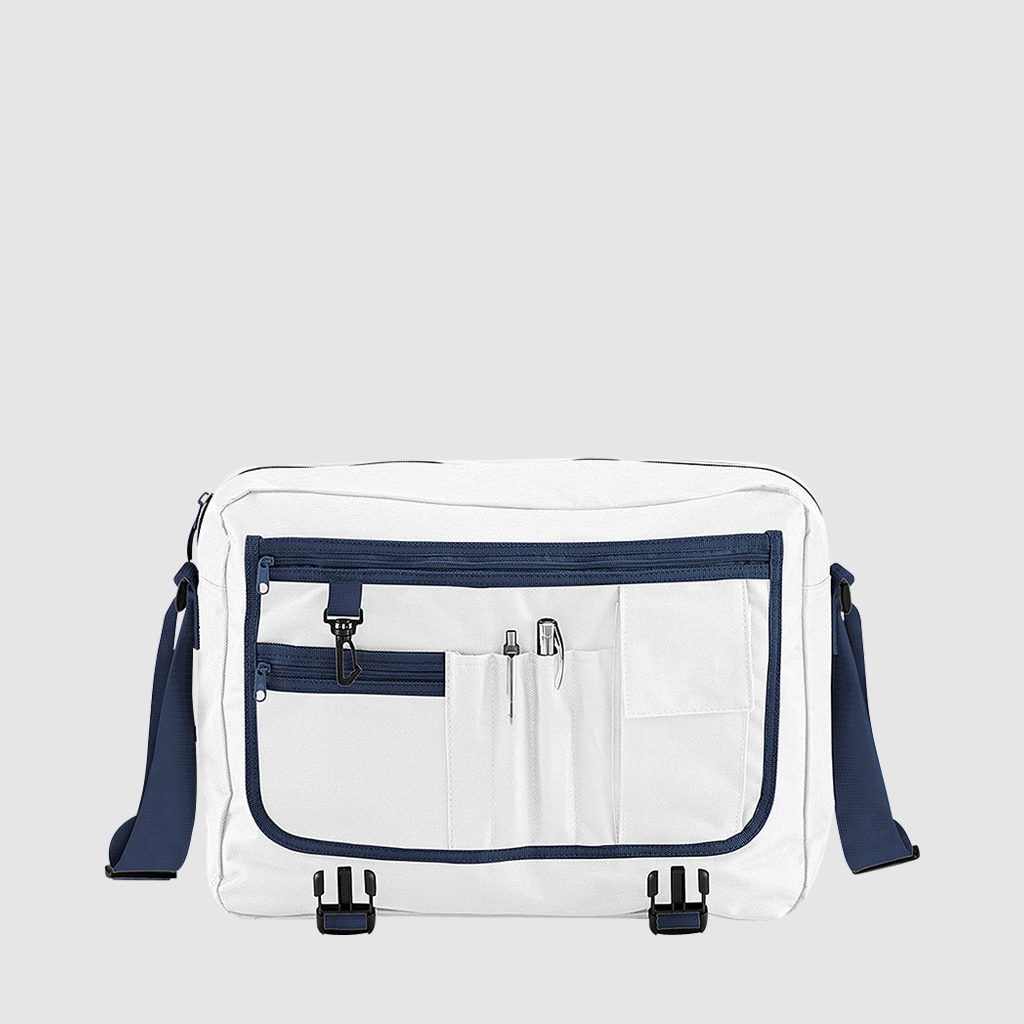 Custom messenger bag with long handles and front zip pockets