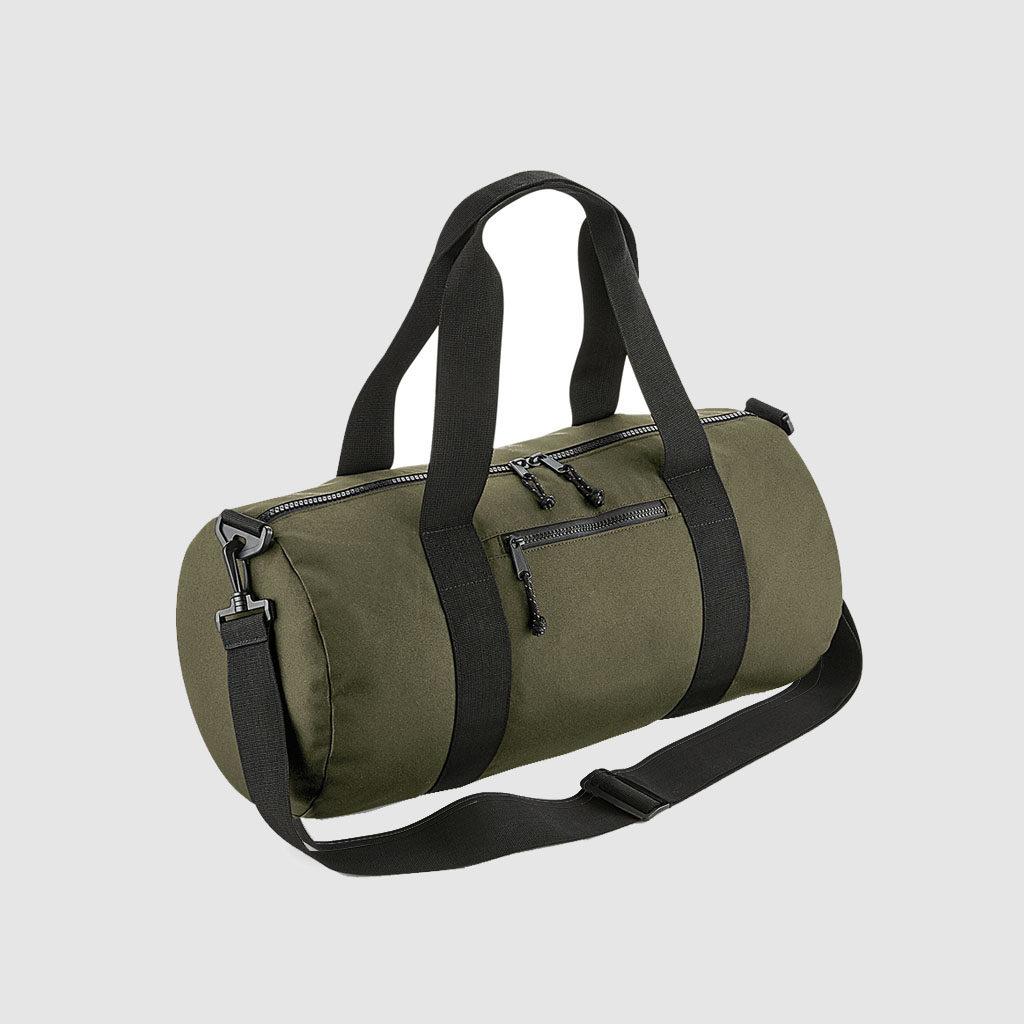 Recycled Barrel Bag in black, with long handles and rpet material