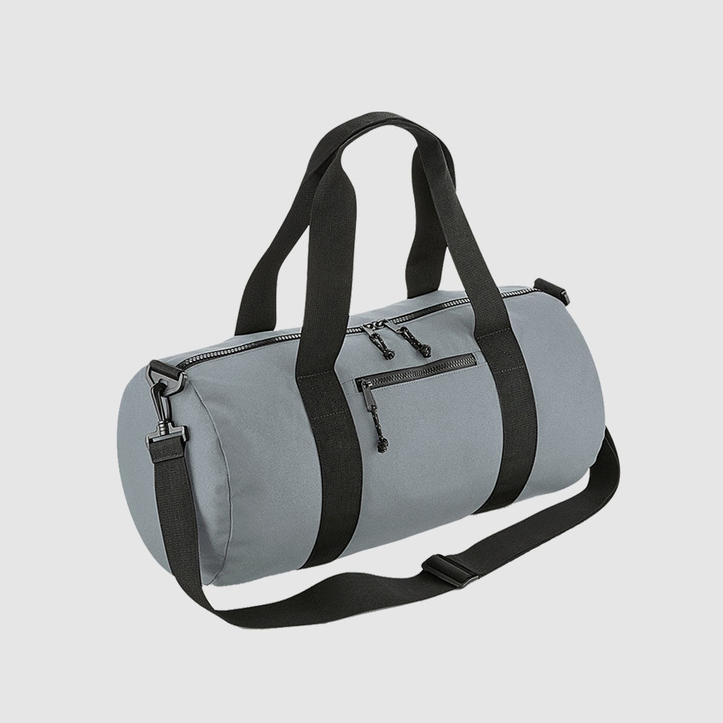 Recycled Barrel Bag in black, with long handles and rpet material