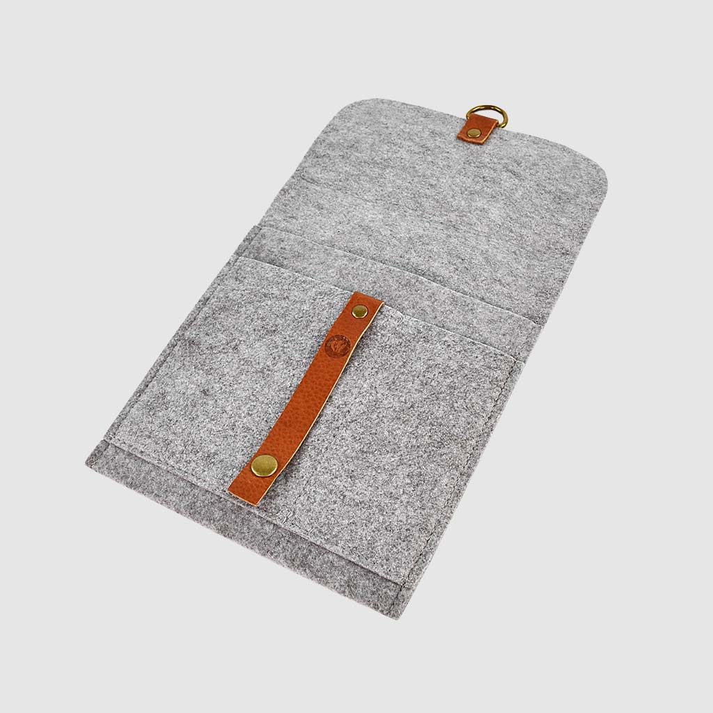 open felt folder with brown embossed strap