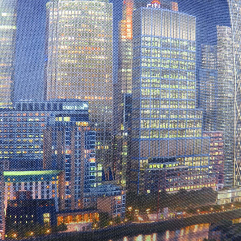 printing artwork on bags this is a digital print of Canary Wharf London on polyester bag