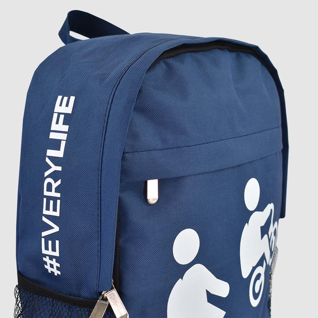 printed backpack in navy blue with white screen print and silver metal zips