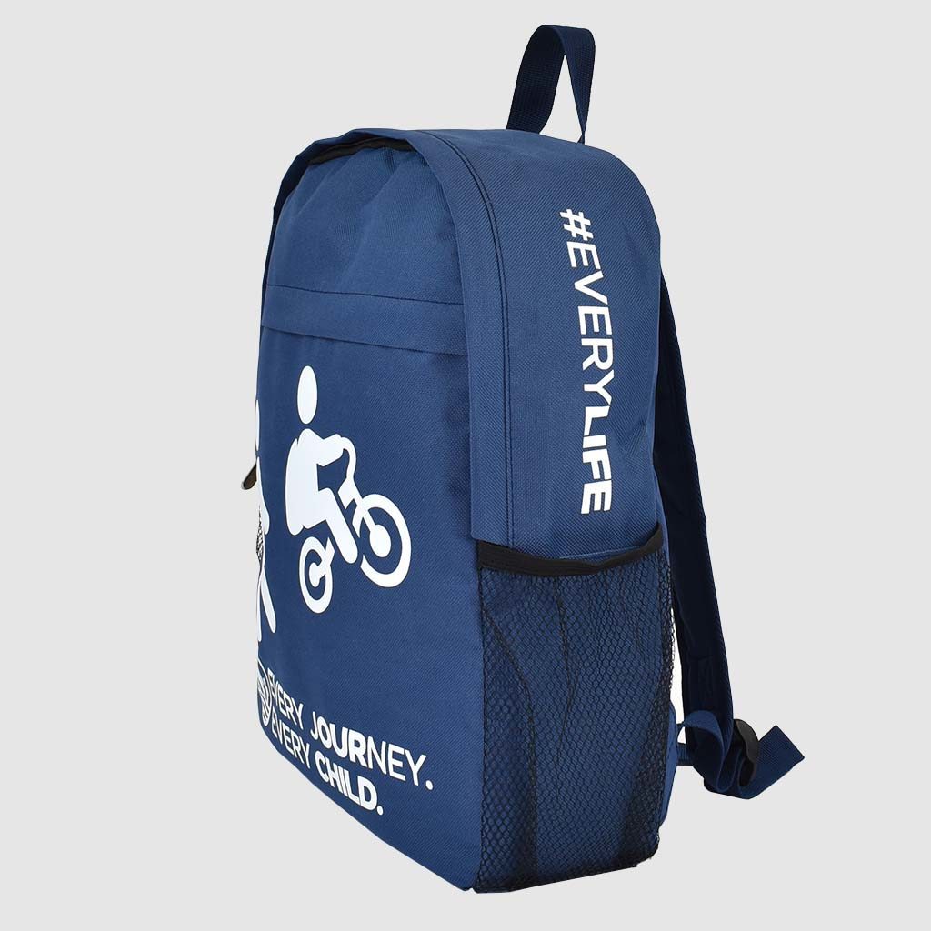 printed backpack side view with white screen print