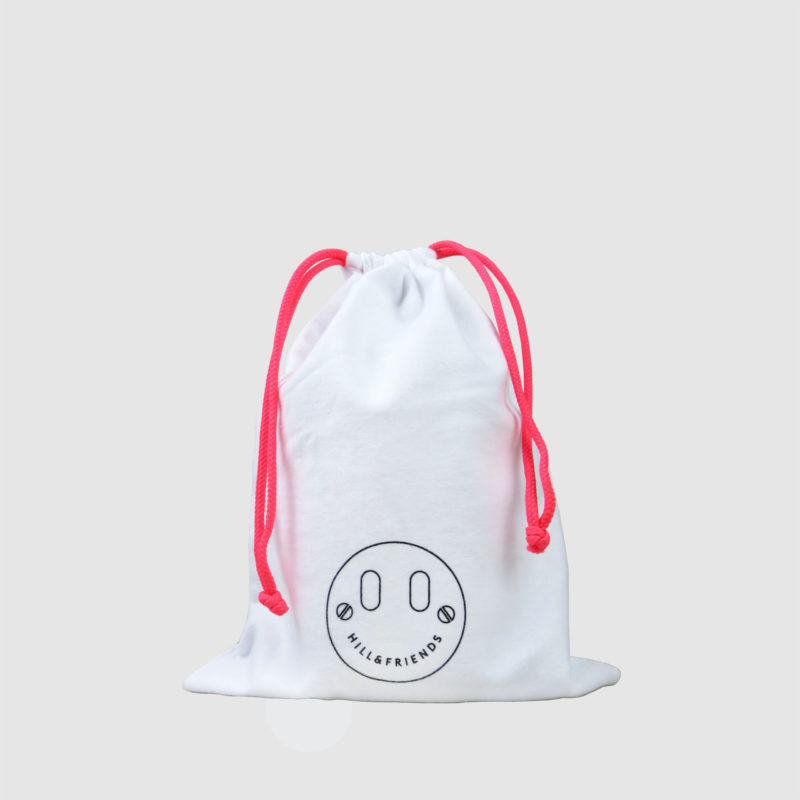 dust bag for luxury product in white with neon pink draw cord