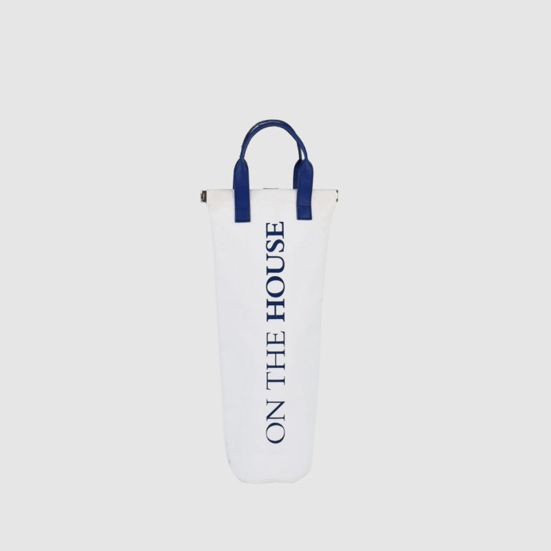 custom bottle bag in white canvas with PU blue handles and logo print