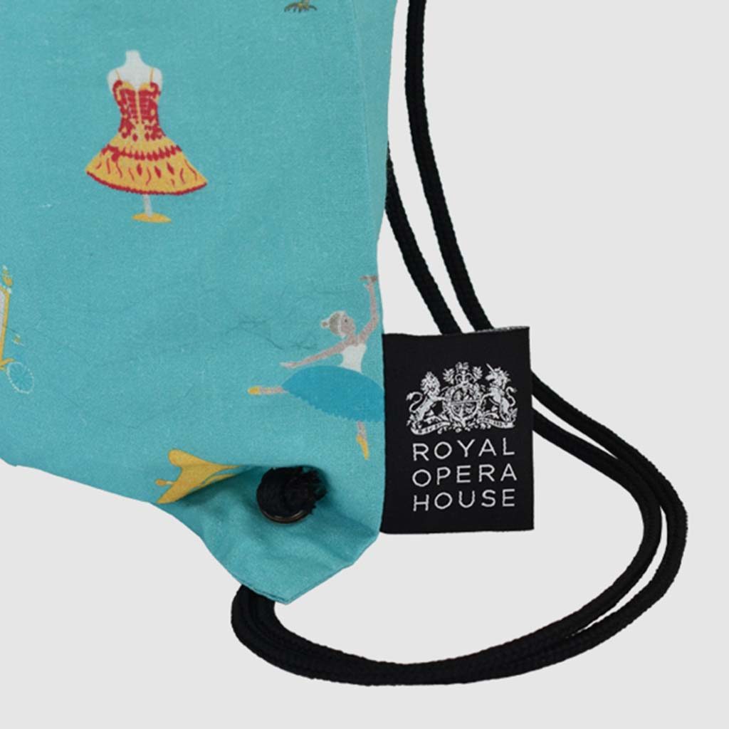 theatre merchandise Royal Ballet draw cord bag with black and silverwoven label