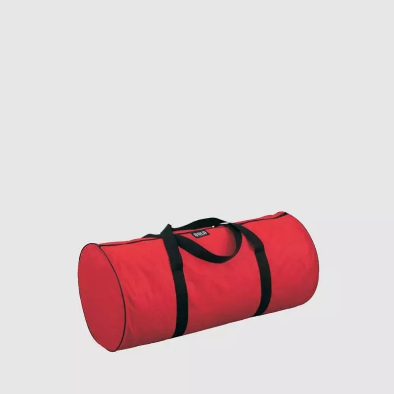 personalised barrel bag in red canvas with black handles