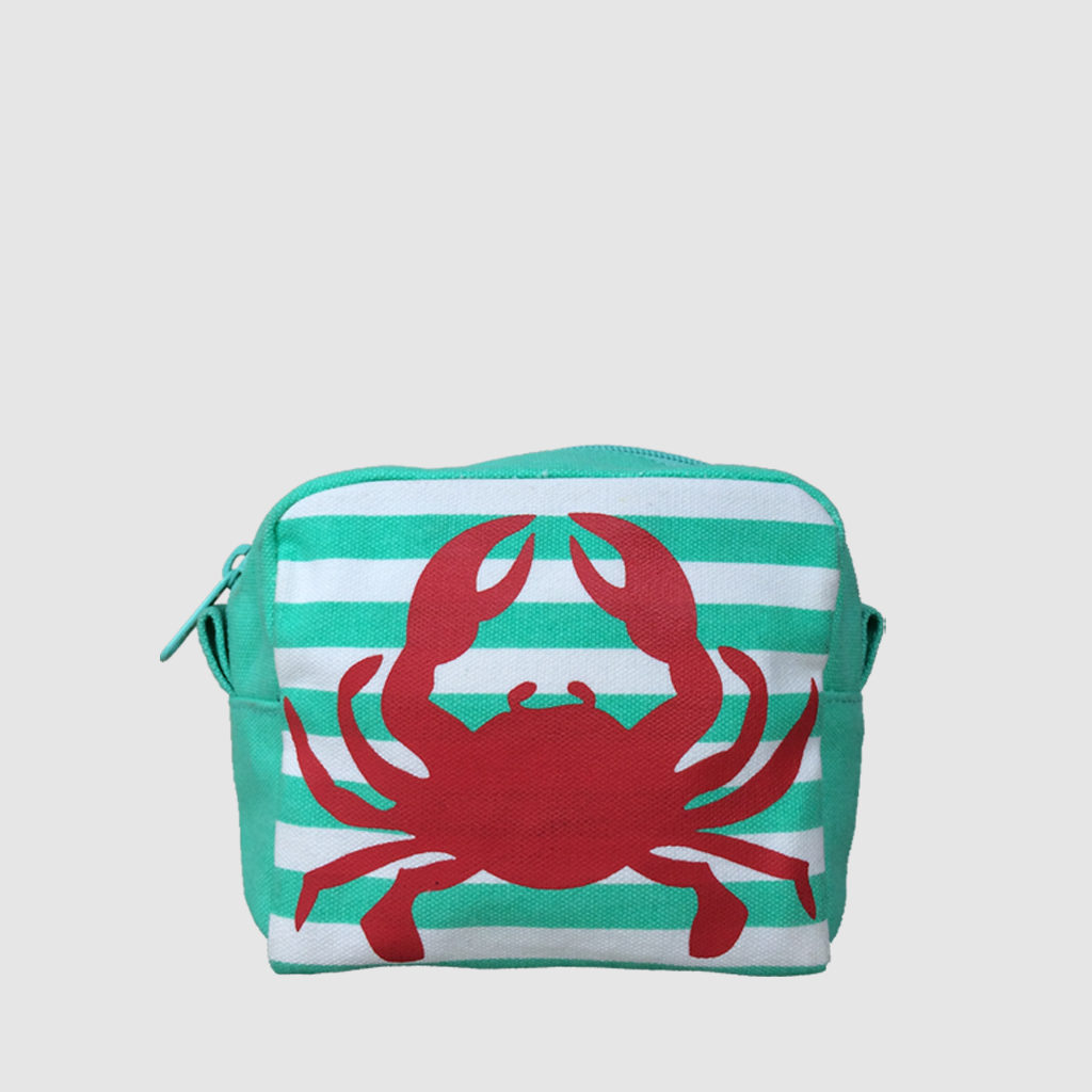 custom cosmetic bag with green and white stripe and red crab print
