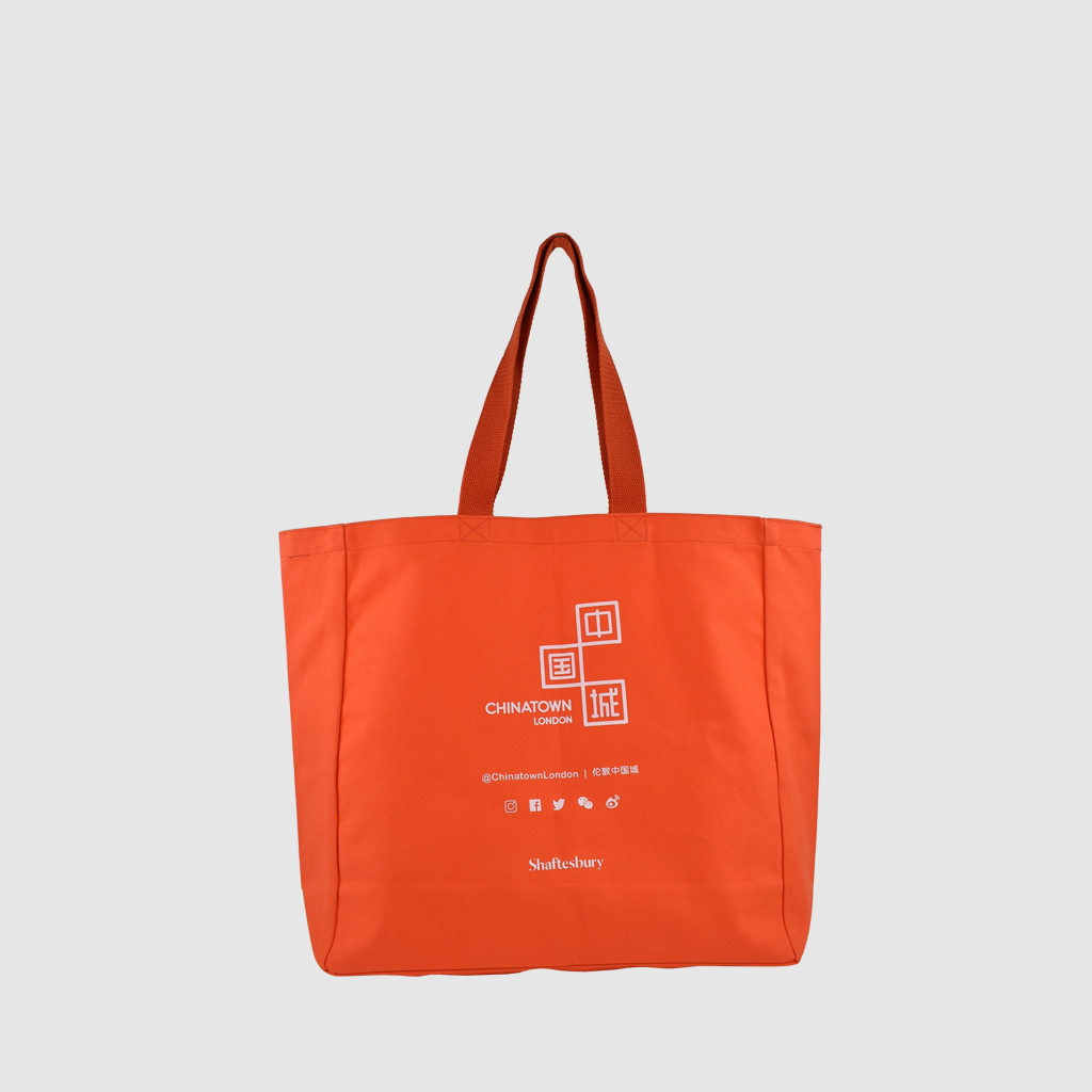 Pantone dyed bag with white screen print of China Town London