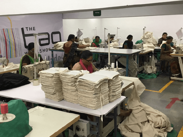 factory at work with fabric bag panels