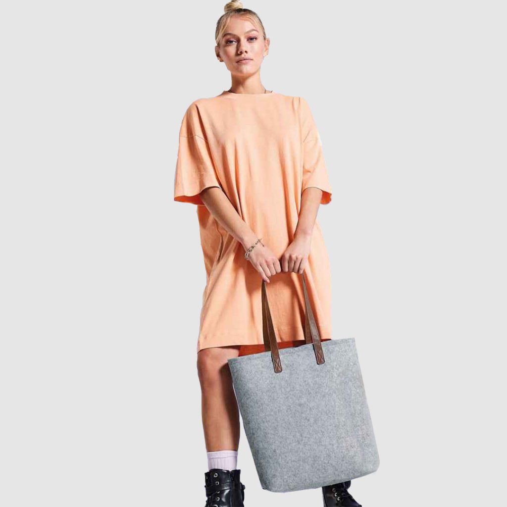 Women Holding Grey Melange Tan Felt Shopper Bag