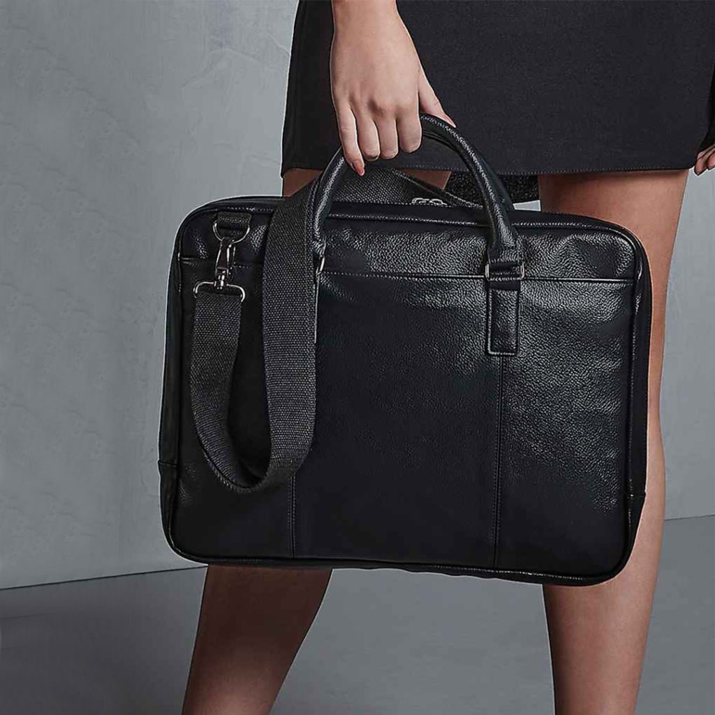 Women Holding Black Leather Look Laptop Carry Bag