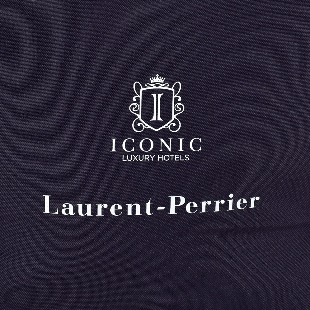 Laurent-Perrier logo print in white on navy picnic bag