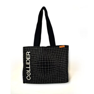 front view of black square tote bag with black handles hanging off hook. The bag is black with white check print and white text that spells COLLIDER with a orange rectangle woven label in the top seam