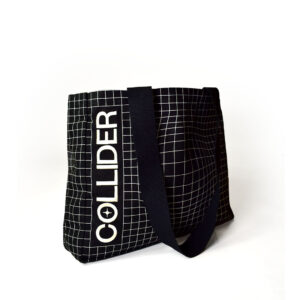 side view of black square bag with white check print all over panels and logo text that says COLLIDER. Back bag straps hang over the side of the bag
