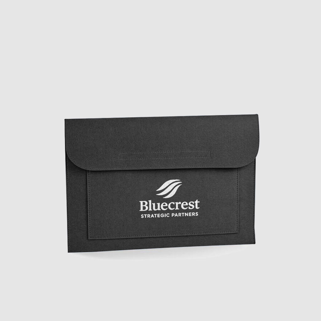 grey A4 conference folder with white logo printed on outside pocket