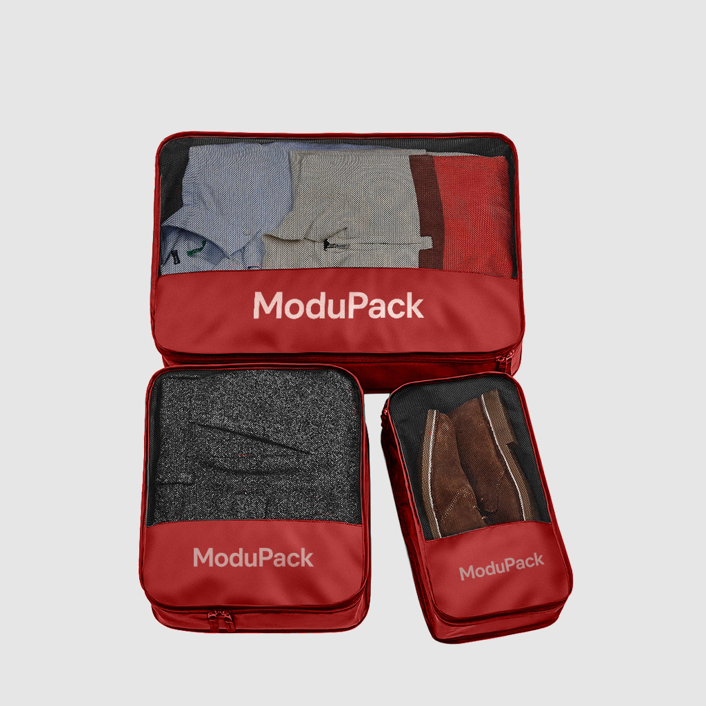 packing cubes shown in three different sizes that have net to preview the clothes and shoes and red with red zip to hold the bags together