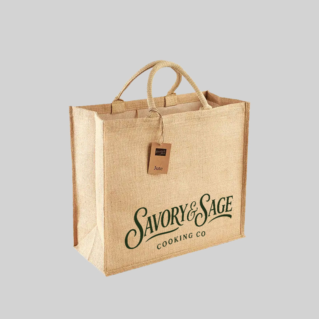 brown square jute bag with short hand carry handles