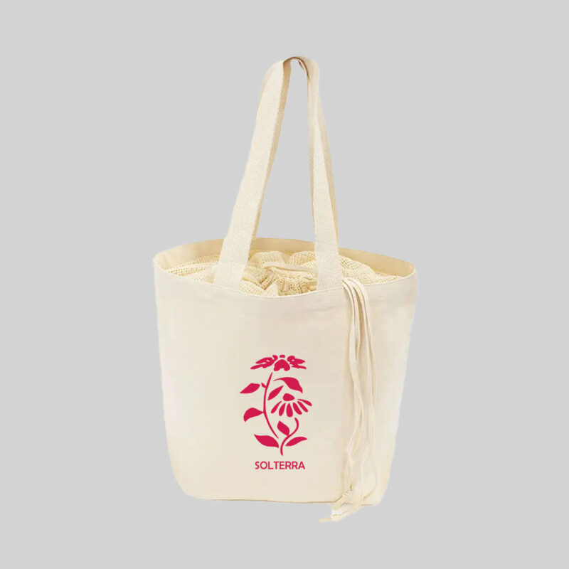 natural tote bag with drawcord closure and pink print