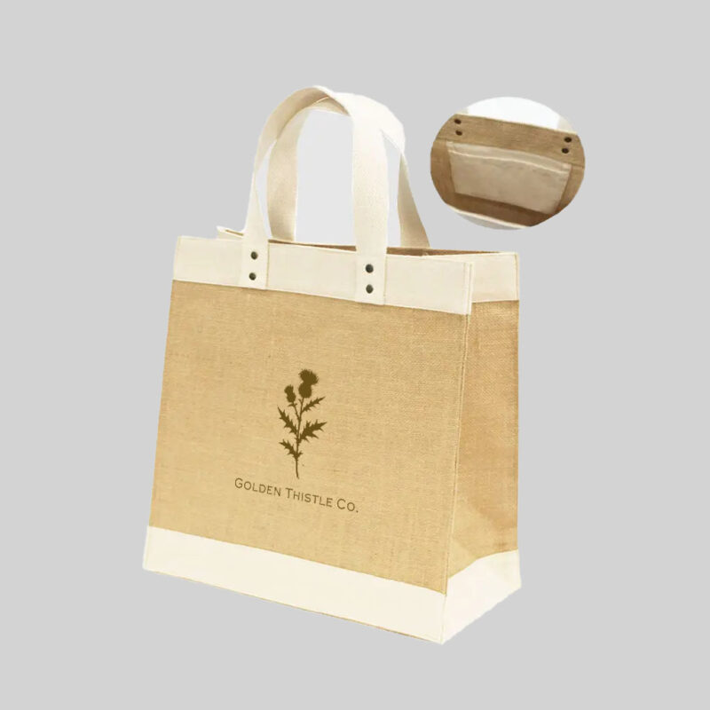 natural coloured tote bag with cream base and top hem plus natural short hand carry handles