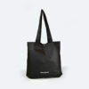 black tyvek tote bag with long handles and silver metal popper closure. White logo print.