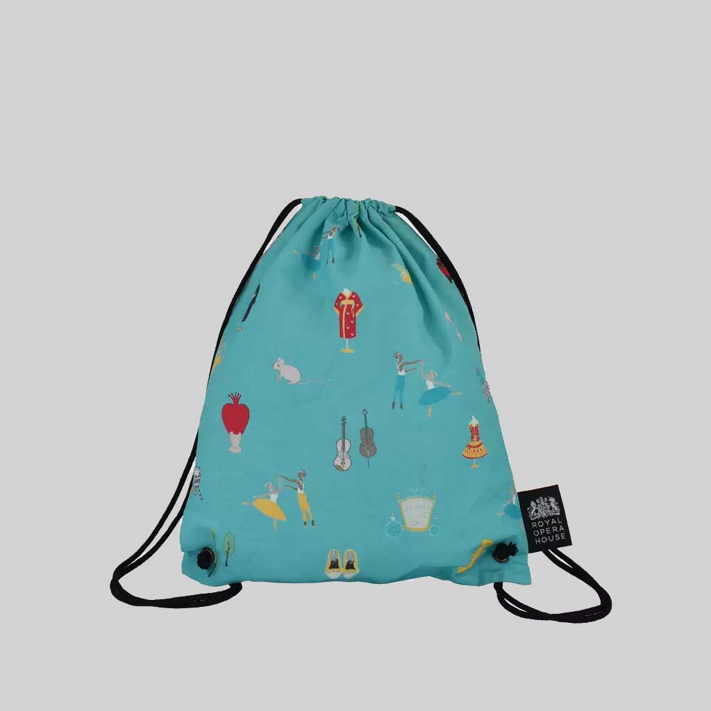 cinch bag for Royal Opera House in light blue with all over digital print and black drawcords how to work with a British vendor