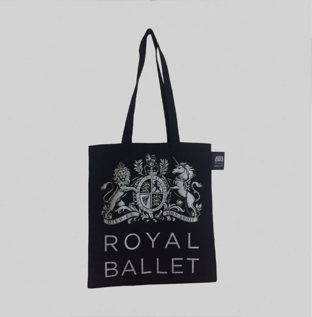 Royal Ballet black tote bag with silver print and silver woven label