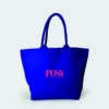 front view of blue luxury landscape tote bag with padded handles and pink print