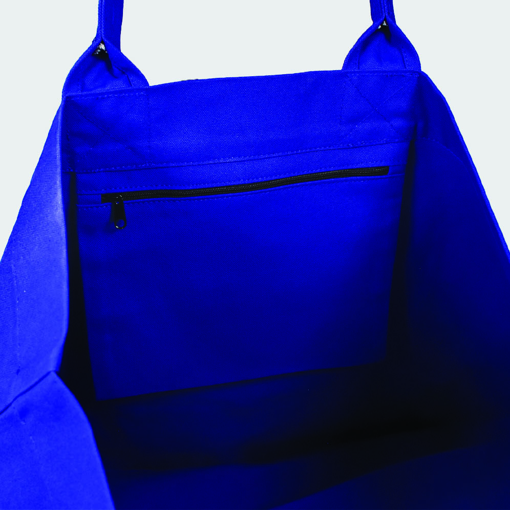 blue luxury landscape tote bag shown open with zipped inside pocket