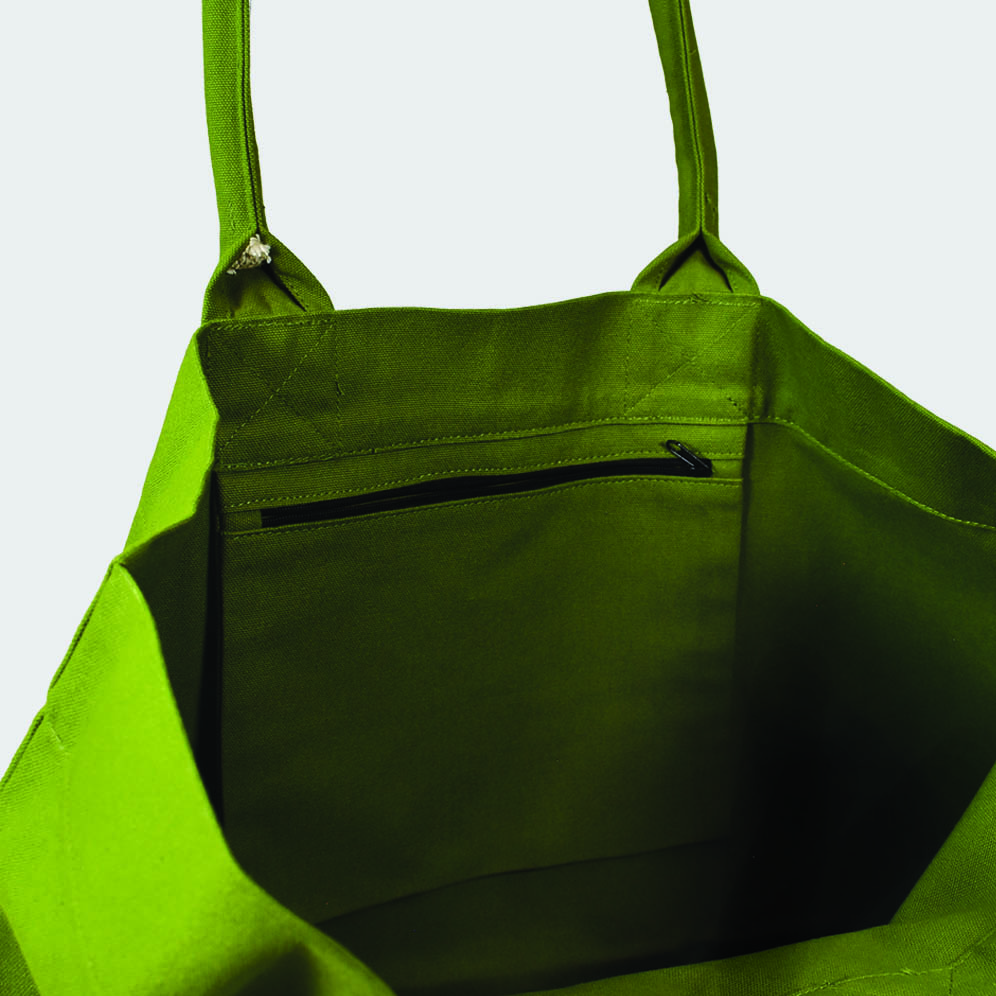 green luxury landscape tote bag shown open with zipped inside pocket