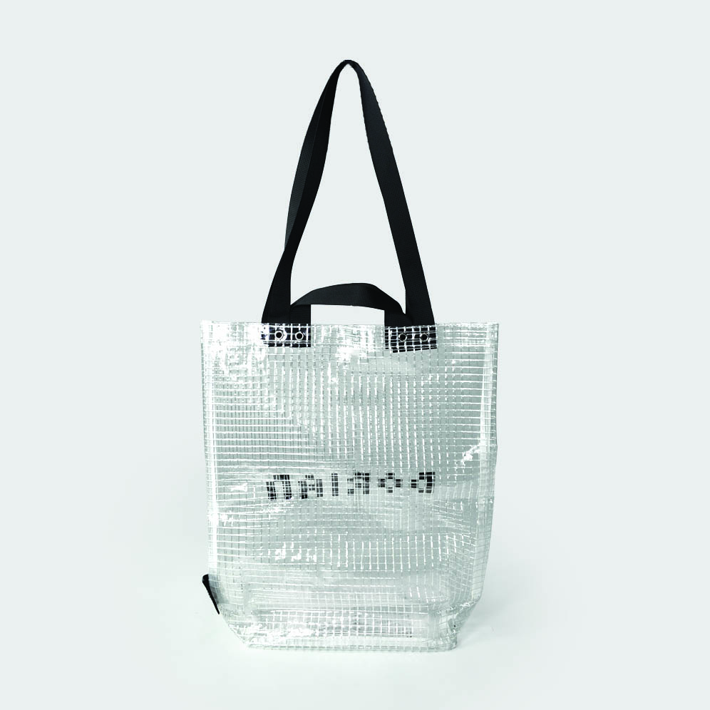 Custom bag design with short and long shoulder straps, clear panels of bag with black logo print