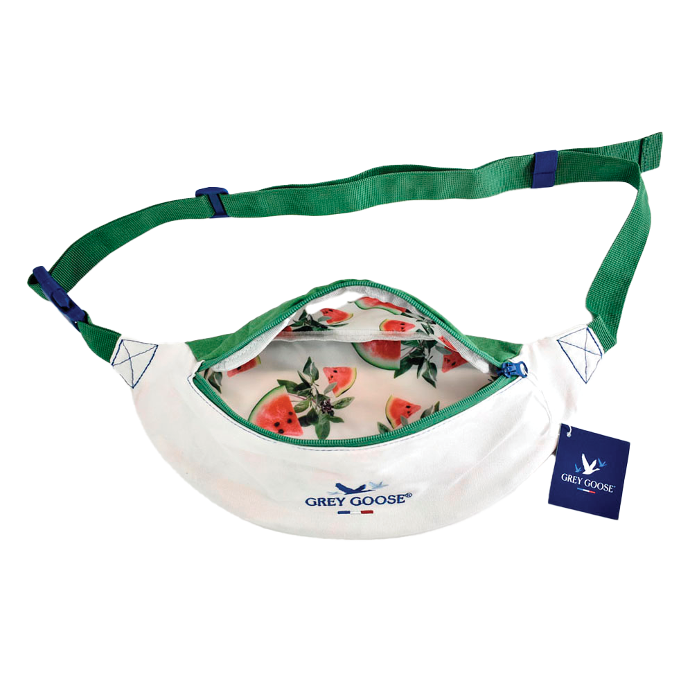 white belt bag with green adjustable strap for Grey Goose